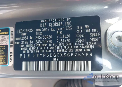 2025 Kia Telluride S from USA, damaged, VIN 5XYP6DGCXSG626284